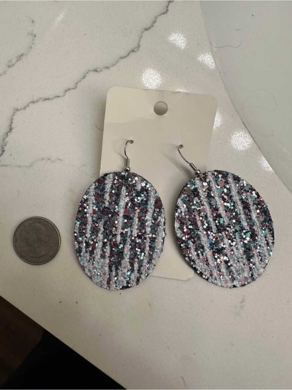 Glitter Stripe Oval Dangle Earrings - Silver & Pink Sparkle